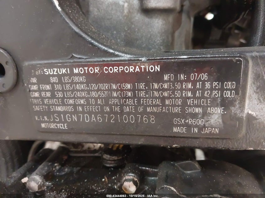 2007 Suzuki Gsx-R600 VIN: JS1GN7DA672100768 Lot: 43444863