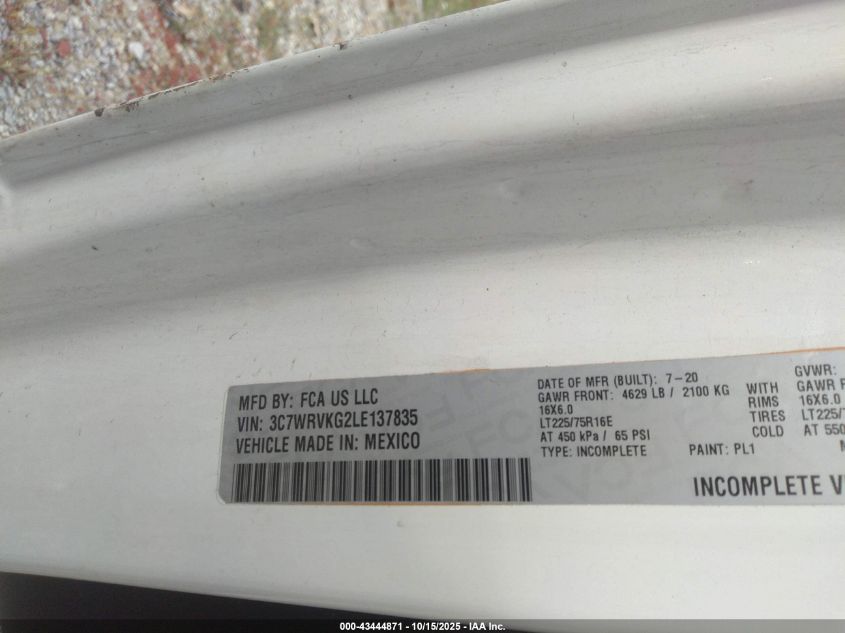 2020 Ram Promaster 3500 Cutaway Low Roof VIN: 3C7WRVKG2LE137835 Lot: 43444871