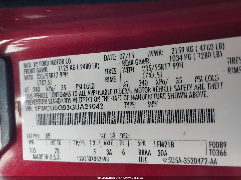 2016 Ford Escape Se VIN: 1FMCU0G93GUA21042 Lot: 43444876