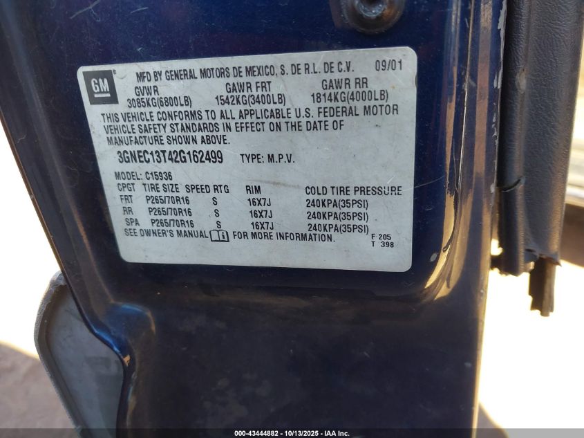 2002 Chevrolet Avalanche 1500 VIN: 3GNEC13T42G162499 Lot: 43444882