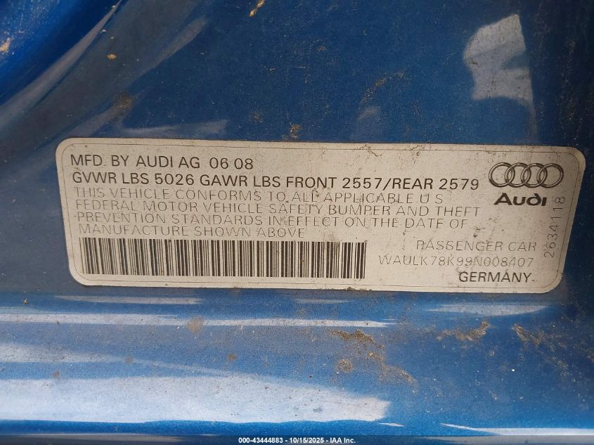 2009 Audi A4 3.2 Premium Plus VIN: WAULK78K99N008407 Lot: 43444883