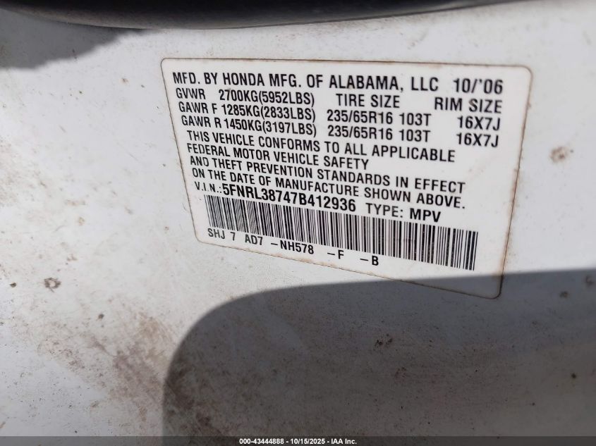 2007 Honda Odyssey Ex-L VIN: 5FNRL38747B412936 Lot: 43444888