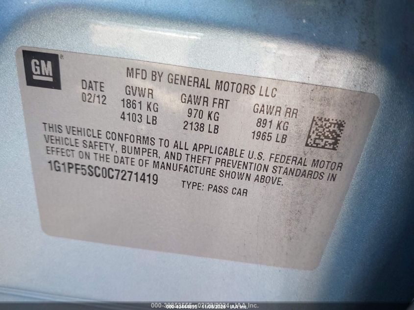 2012 Chevrolet Cruze 1Lt VIN: 1G1PF5SC0C7271419 Lot: 43444895