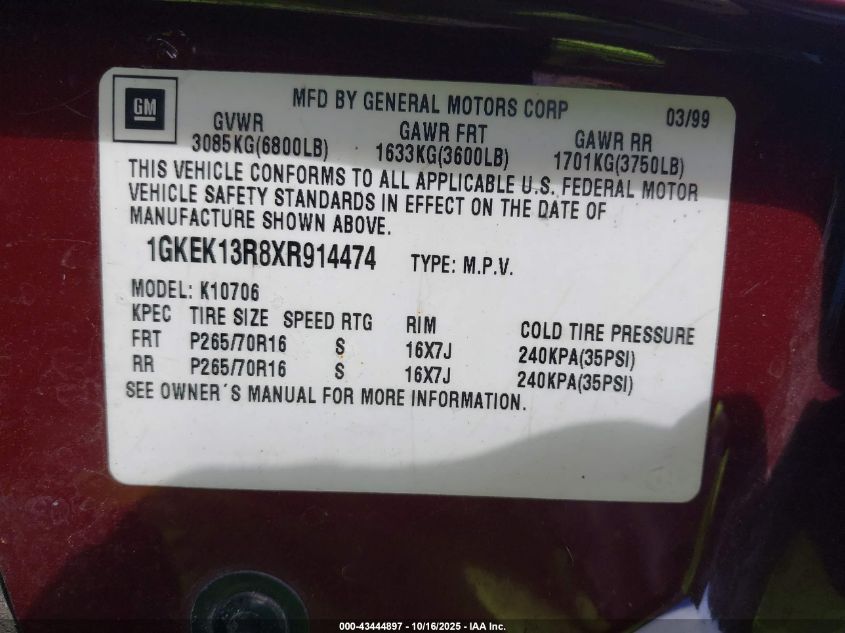 1999 GMC Yukon Denali VIN: 1GKEK13R8XR914474 Lot: 43444897