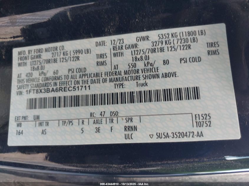 2024 Ford F-350 Xl VIN: 1FT8X3BA6REC51711 Lot: 43444910