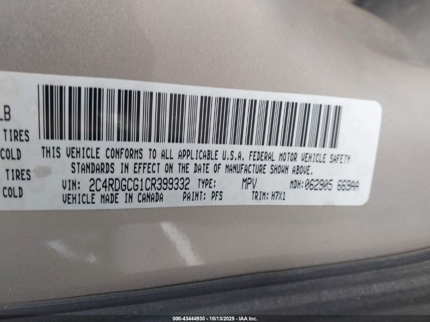 2012 Dodge Grand Caravan Sxt VIN: 2C4RDGCG1CR399332 Lot: 43444930