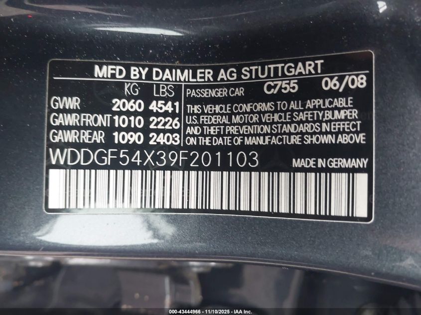 2009 Mercedes-Benz C 300 Luxury/Sport VIN: WDDGF54X39F201103 Lot: 43444966