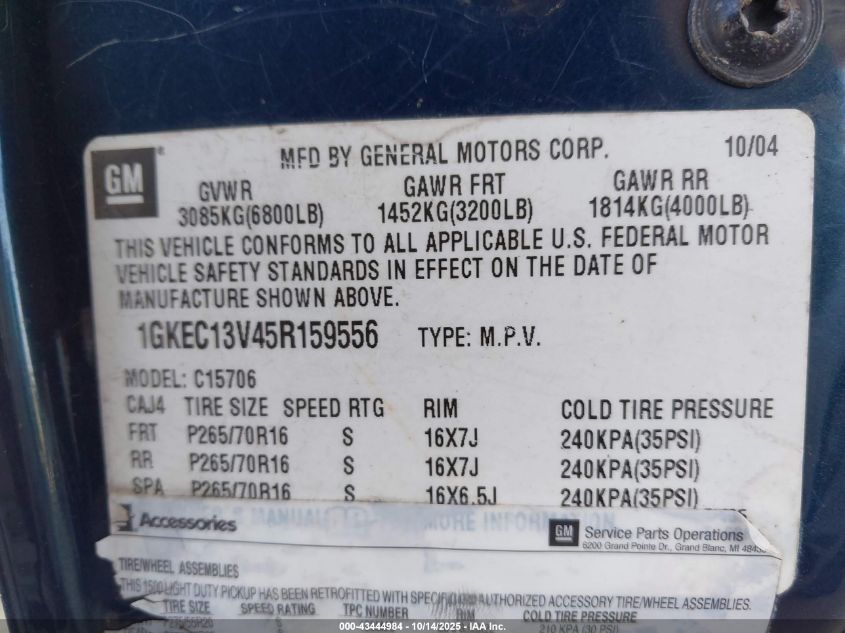 2005 GMC Yukon Slt VIN: 1GKEC13V45R159556 Lot: 43444984