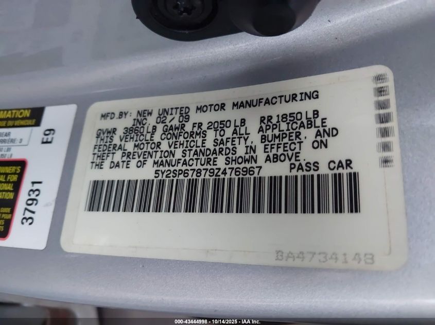 2009 Pontiac Vibe VIN: 5Y2SP67879Z476967 Lot: 43444998