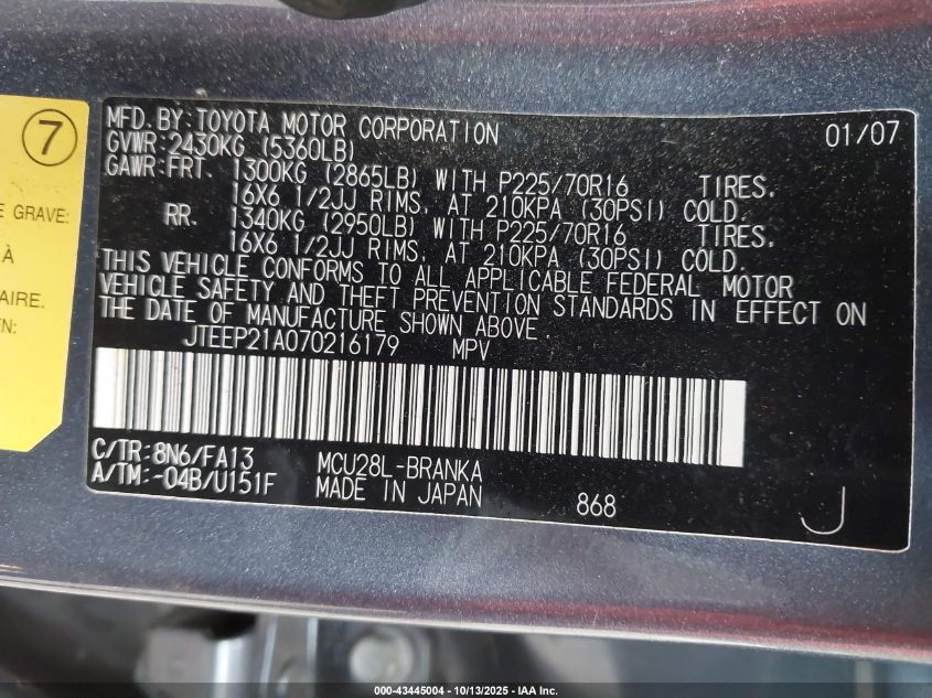 2007 Toyota Highlander V6 VIN: JTEEP21A070216179 Lot: 43445004