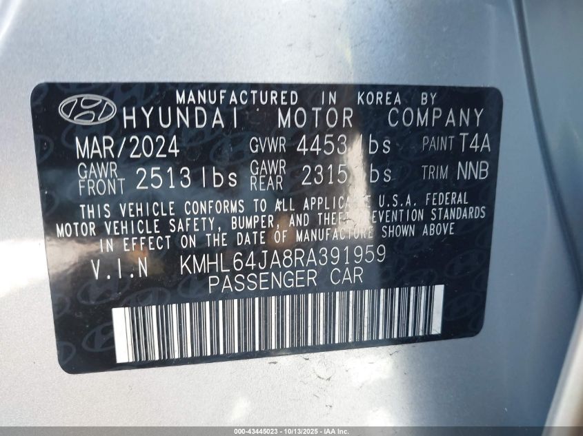 2024 Hyundai Sonata Sel VIN: KMHL64JA8RA391959 Lot: 43445023
