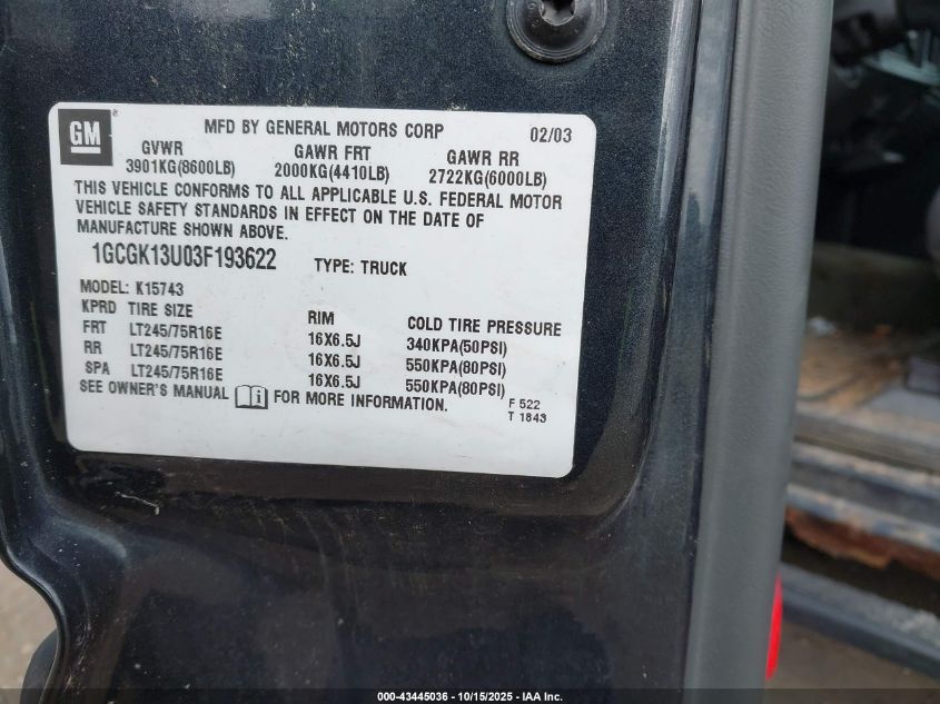 2003 Chevrolet Silverado 1500Hd Ls VIN: 1GCGK13U03F193622 Lot: 43445036