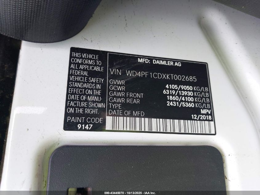 2019 Mercedes-Benz Sprinter 2500 High Roof V6 VIN: WD4PF1CDXKT002685 Lot: 43445070