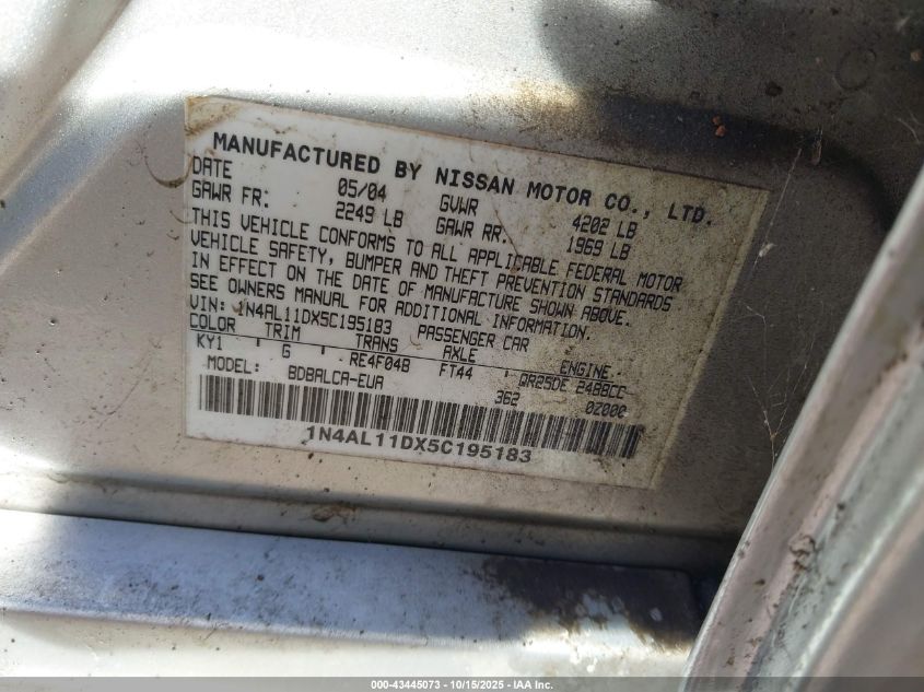 2005 Nissan Altima 2.5 S VIN: 1N4AL11DX5C195183 Lot: 43445073