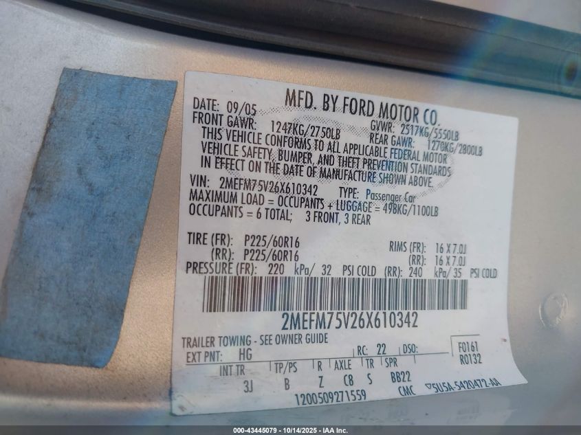 2006 Mercury Grand Marquis Ls VIN: 2MEFM75V26X610342 Lot: 43445079