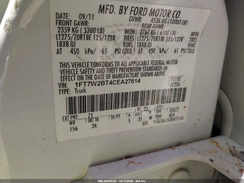 2012 Ford F-250 Xlt VIN: 1FT7W2BT4CEA27614 Lot: 43445123