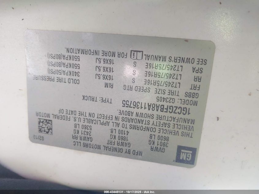 2010 Chevrolet Express 2500 Work Van VIN: 1GCZGFBA8A1136755 Lot: 43445131