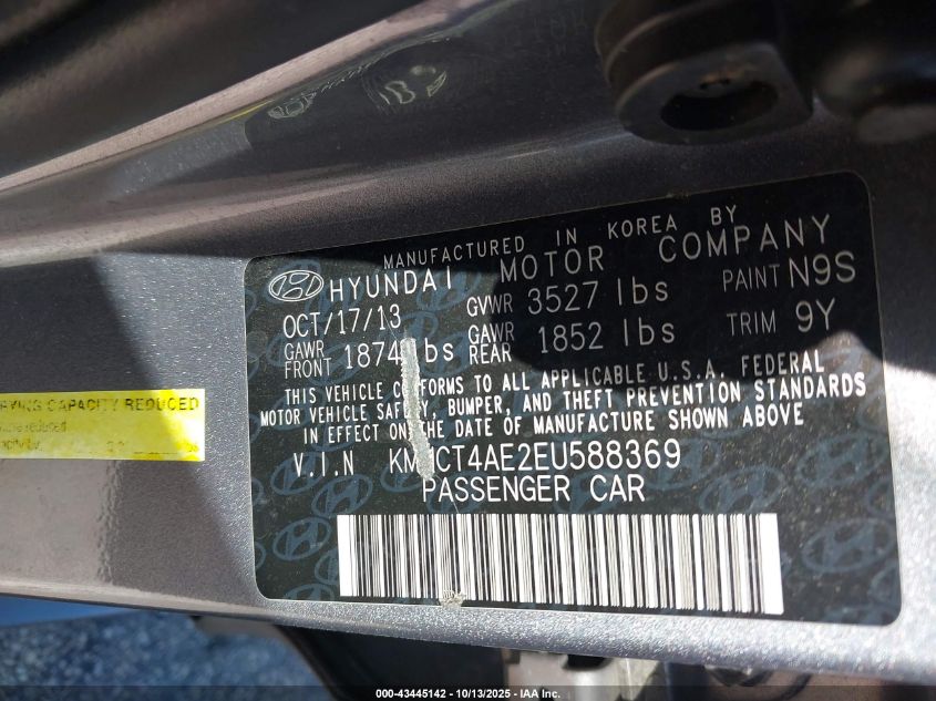 2014 Hyundai Accent Gls VIN: KMHCT4AE2EU588369 Lot: 43445142