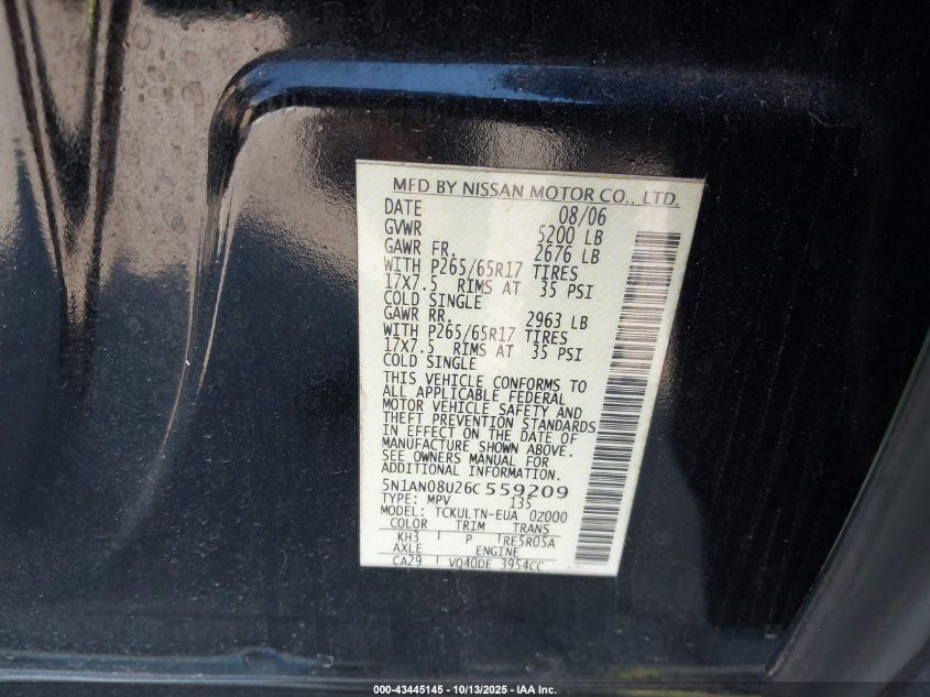 2006 Nissan Xterra Se VIN: 5N1AN08U26C559209 Lot: 43445145