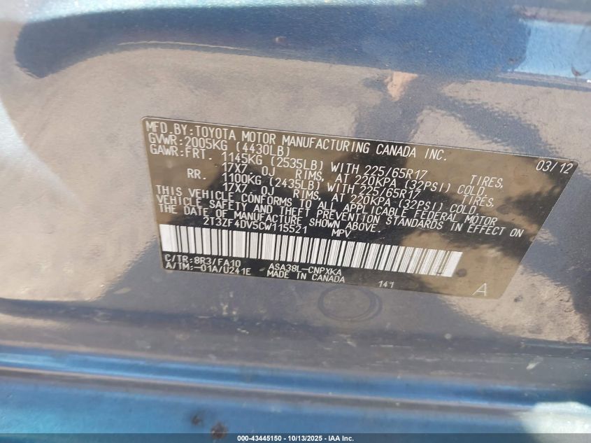 2012 Toyota Rav4 VIN: 2T3ZF4DV5CW115521 Lot: 43445150