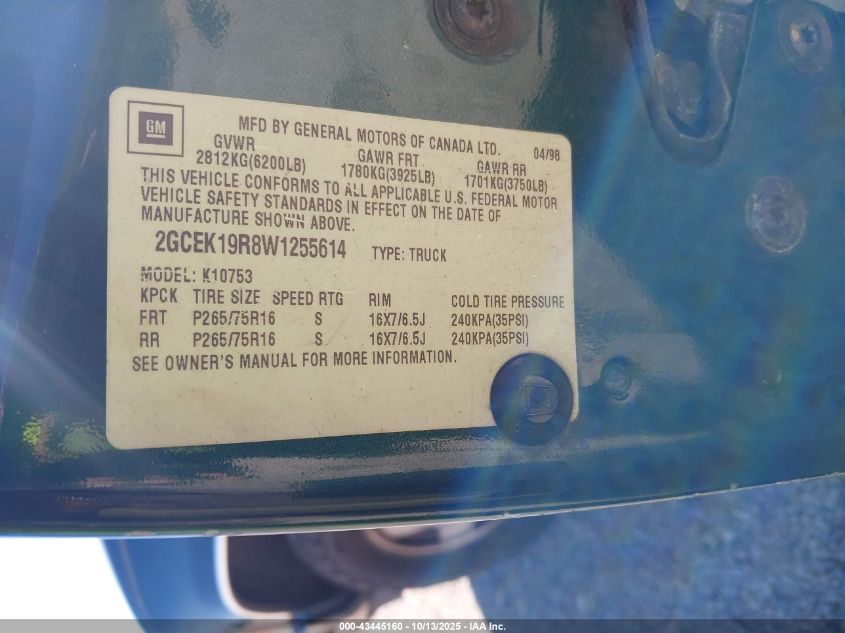 1998 Chevrolet K1500 Fleetside VIN: 2GCEK19R8W1255614 Lot: 43445160