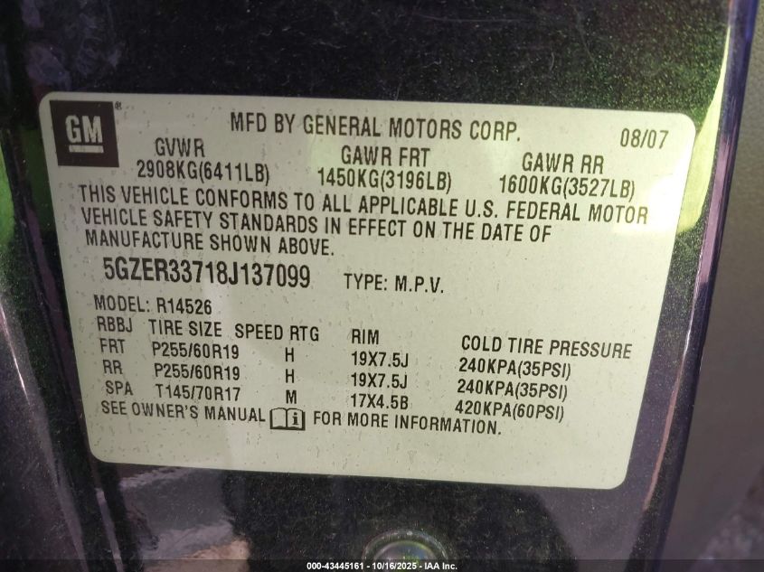 2008 Saturn Outlook Xr VIN: 5GZER33718J137099 Lot: 43445161