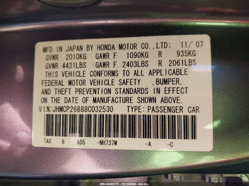 2008 Honda Accord 2.4 Ex-L VIN: JHMCP26888C032530 Lot: 43445173