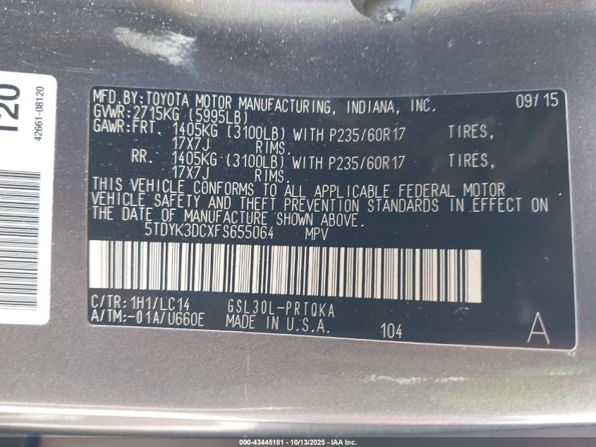 2015 Toyota Sienna Xle 7 Passenger/Xle 8 Passenger/Xle Premium 8 Passenger VIN: 5TDYK3DCXFS655064 Lot: 43445181