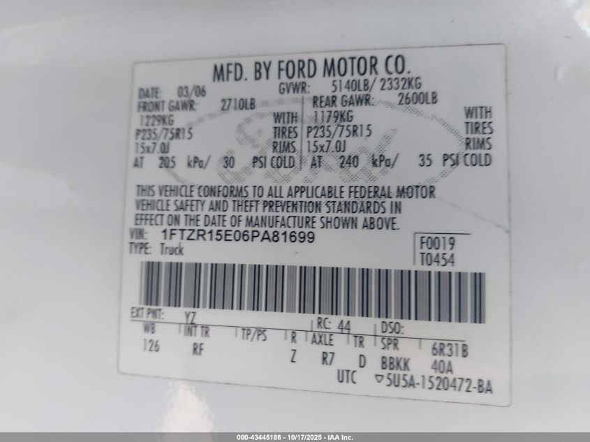 2006 Ford Ranger Fx4 Off-Road/Sport/Xl/Xlt VIN: 1FTZR15E06PA81699 Lot: 43445186