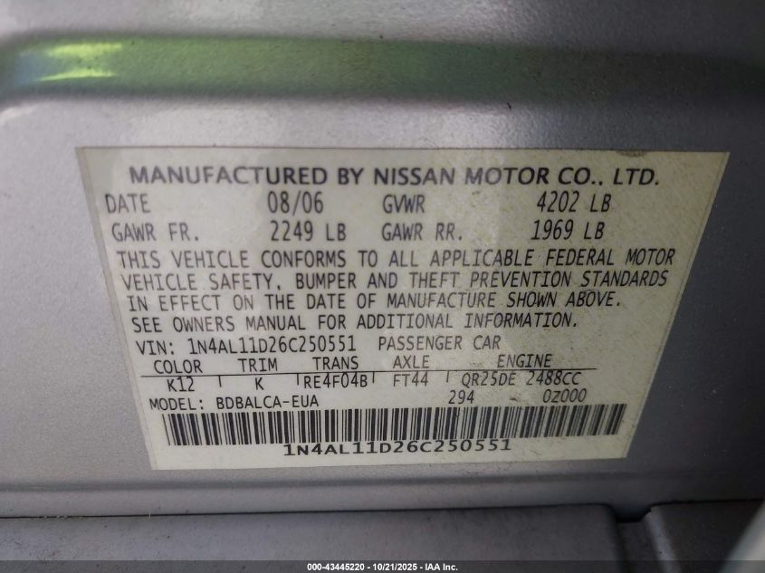 2006 Nissan Altima 2.5 S VIN: 1N4AL11D26C250551 Lot: 43445220