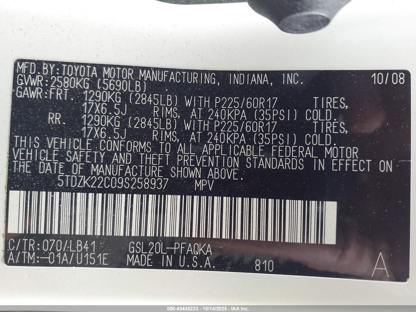 5TDZK22C09S258937 2009 TOYOTA SIENNA photo no. 9