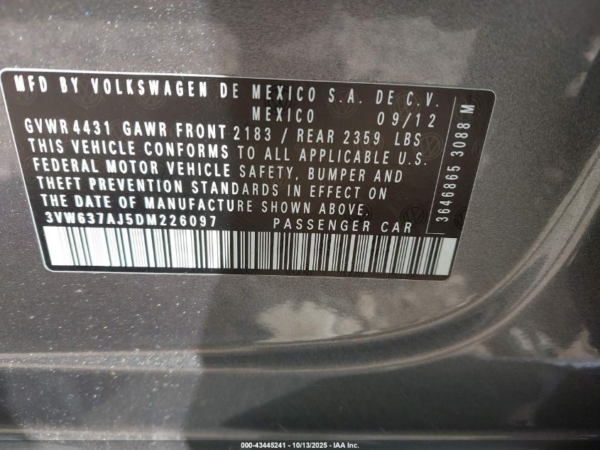 2013 Volkswagen Jetta Hybrid Sel VIN: 3VW637AJ5DM226097 Lot: 43445241