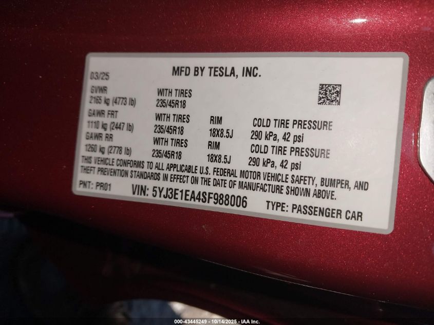 2025 Tesla Model 3 Long Range Rear-Wheel Drive VIN: 5YJ3E1EA4SF988006 Lot: 43445249