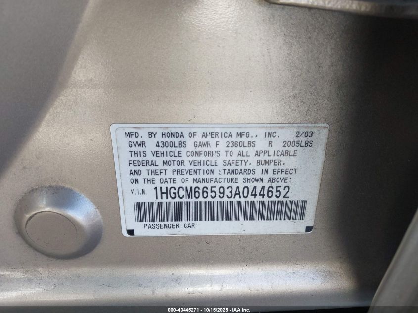 2003 Honda Accord 3.0 Ex VIN: 1HGCM66593A044652 Lot: 43445271