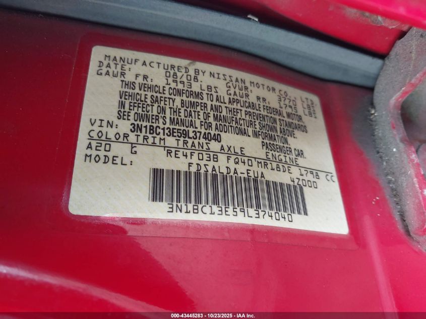 2009 Nissan Versa 1.8S VIN: 3N1BC13E59L374040 Lot: 43445283