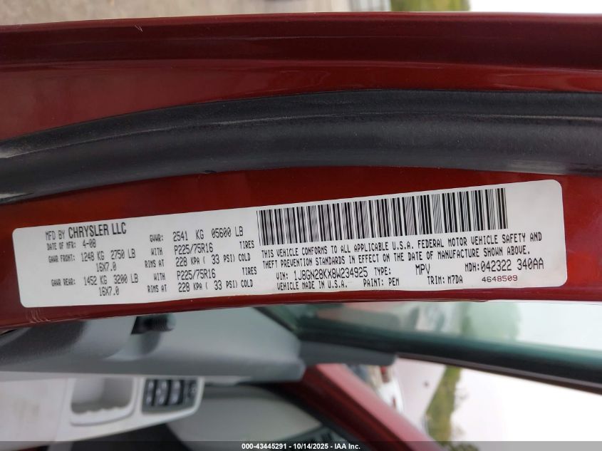 2008 Jeep Liberty Sport VIN: 1J8GN28KX8W234925 Lot: 43445291