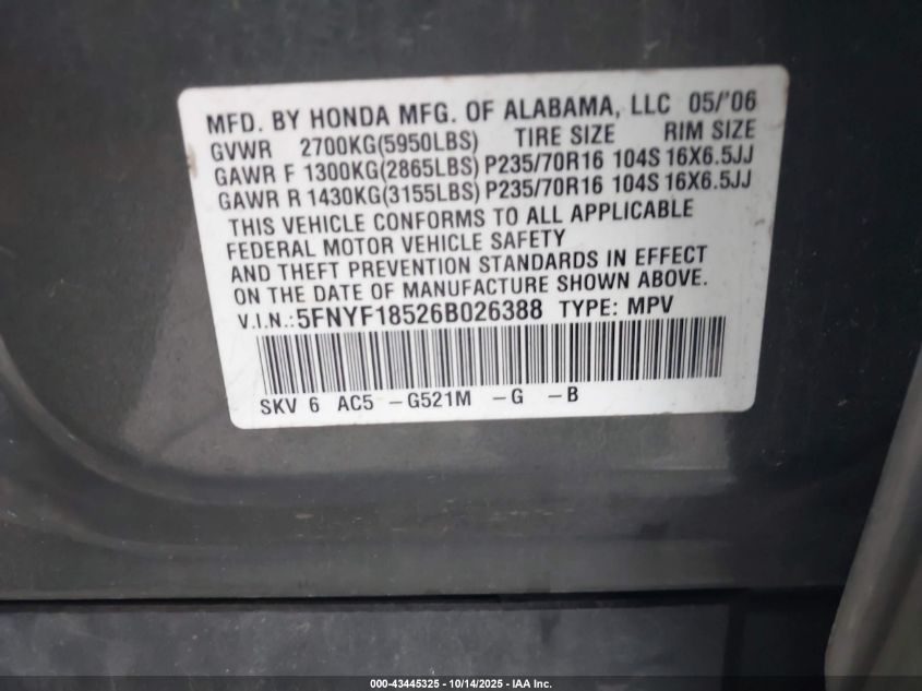 2006 Honda Pilot Ex-L VIN: 5FNYF18526B026388 Lot: 43445325