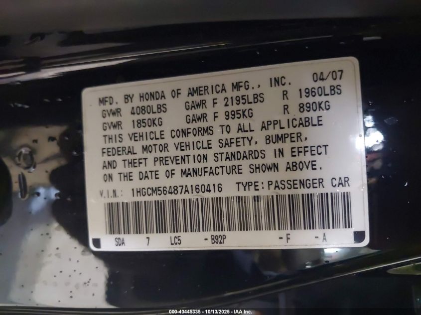 2007 Honda Accord 2.4 Lx VIN: 1HGCM56487A160416 Lot: 43445335