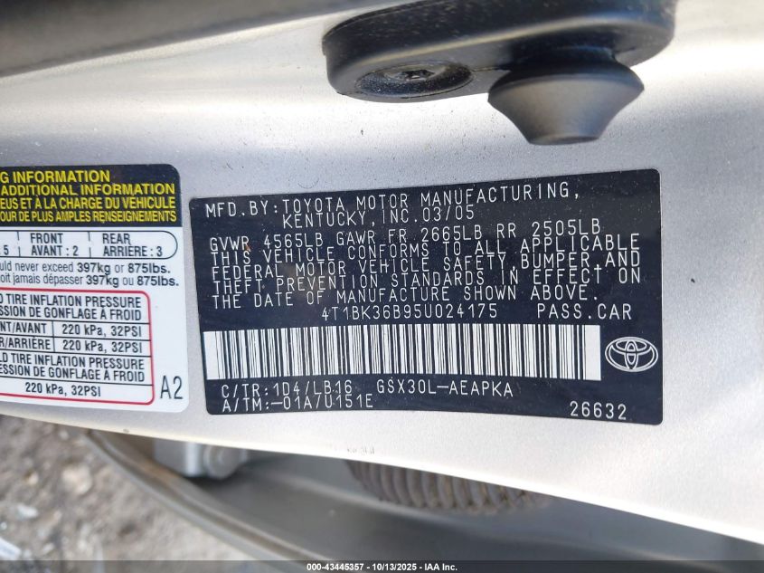 2005 Toyota Avalon Limited VIN: 4T1BK36B95U024175 Lot: 43445357