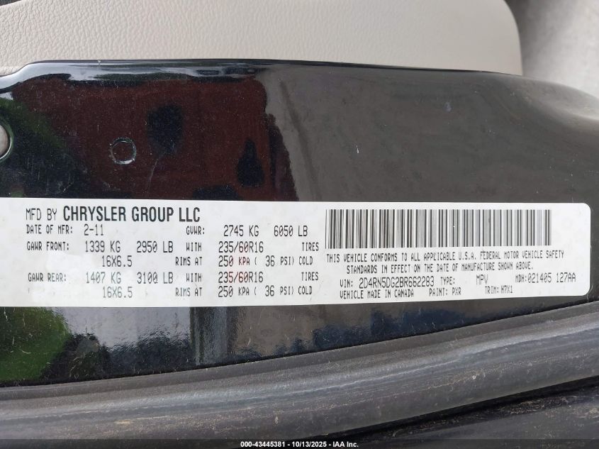 2011 Dodge Grand Caravan Crew VIN: 2D4RN5DG2BR662283 Lot: 43445381