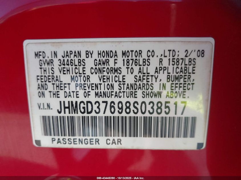 2008 Honda Fit Sport VIN: JHMGD37698S038517 Lot: 43445390