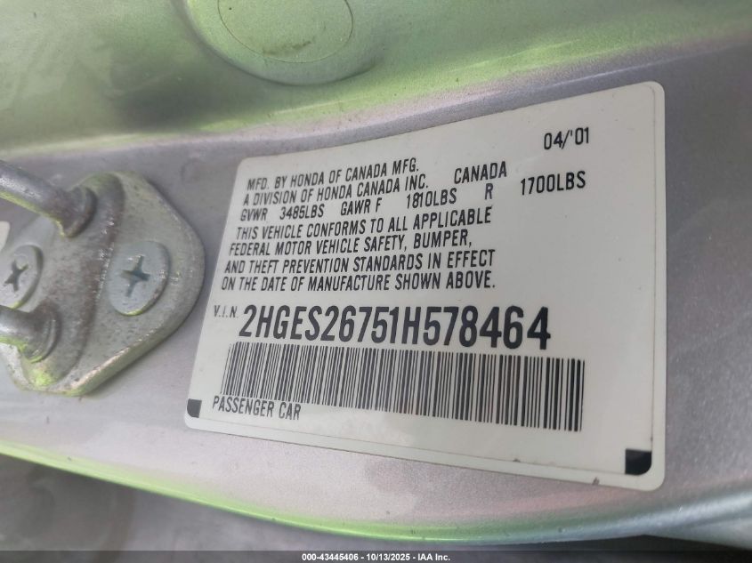 2001 Honda Civic Ex VIN: 2HGES26751H578464 Lot: 43445406
