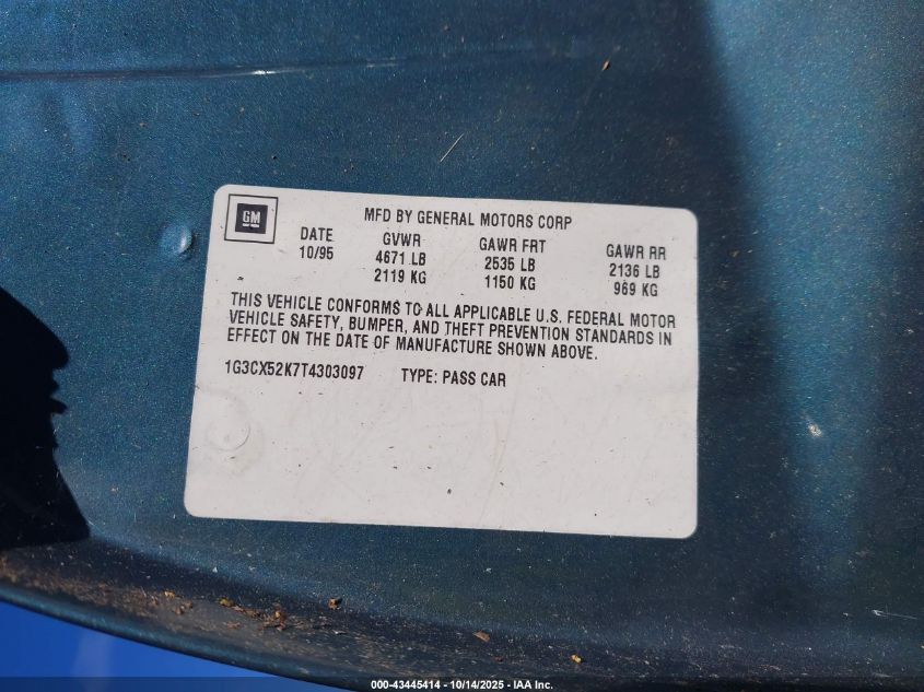 1996 Oldsmobile 98 Regency Elite VIN: 1G3CX52K7T4303097 Lot: 43445414