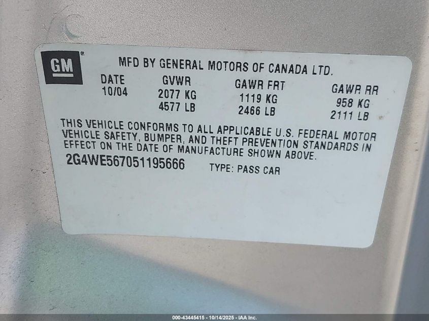 2005 Buick Lacrosse Cxs VIN: 2G4WE567051195666 Lot: 43445415