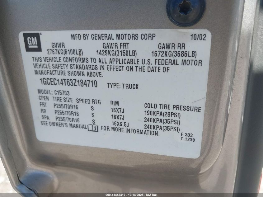 2003 Chevrolet Silverado 1500 Ls VIN: 1GCEC14T63Z184710 Lot: 43445419