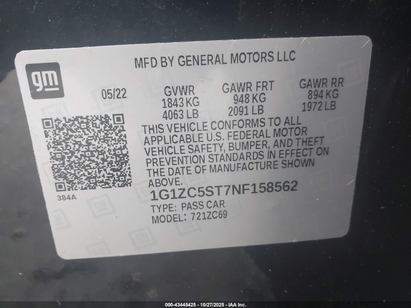 2022 Chevrolet Malibu Fwd 1Fl VIN: 1G1ZC5ST7NF158562 Lot: 43445425