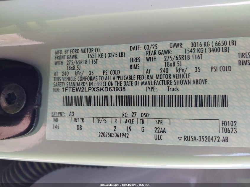 2025 Ford F-150 Stx VIN: 1FTEW2LPXSKD63938 Lot: 43445426