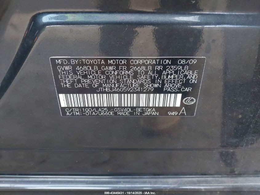 2009 Lexus Es 350 VIN: JTHBJ46G592341279 Lot: 43445431