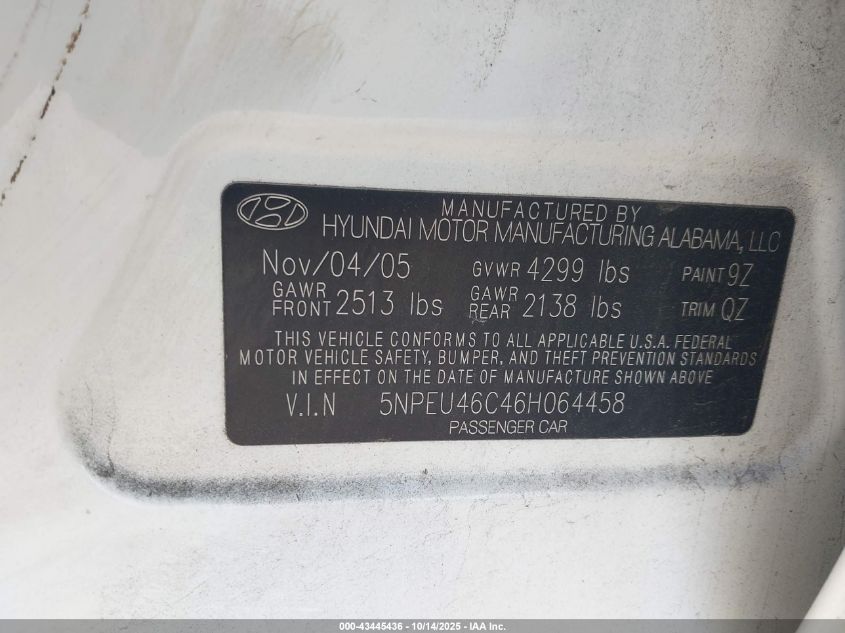 2006 Hyundai Sonata Gls VIN: 5NPEU46C46H064458 Lot: 43445436