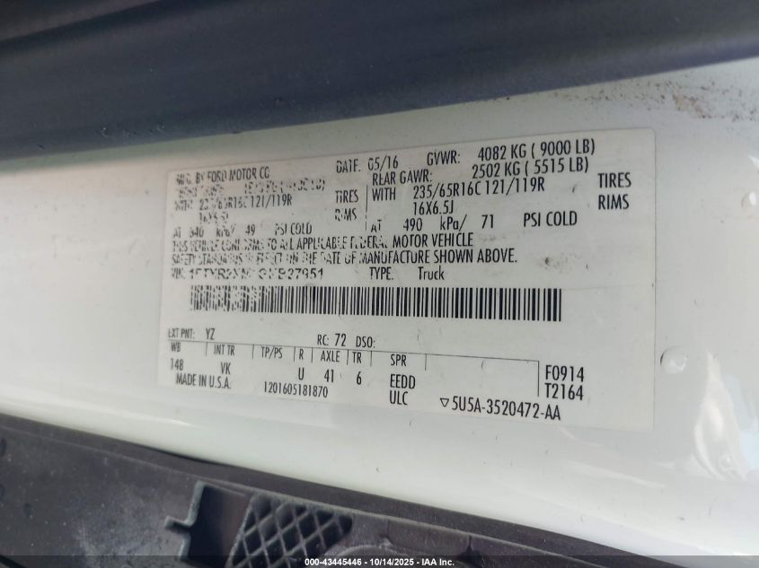 2016 Ford Transit-250 VIN: 1FTYR2XM1GKB27951 Lot: 43445446